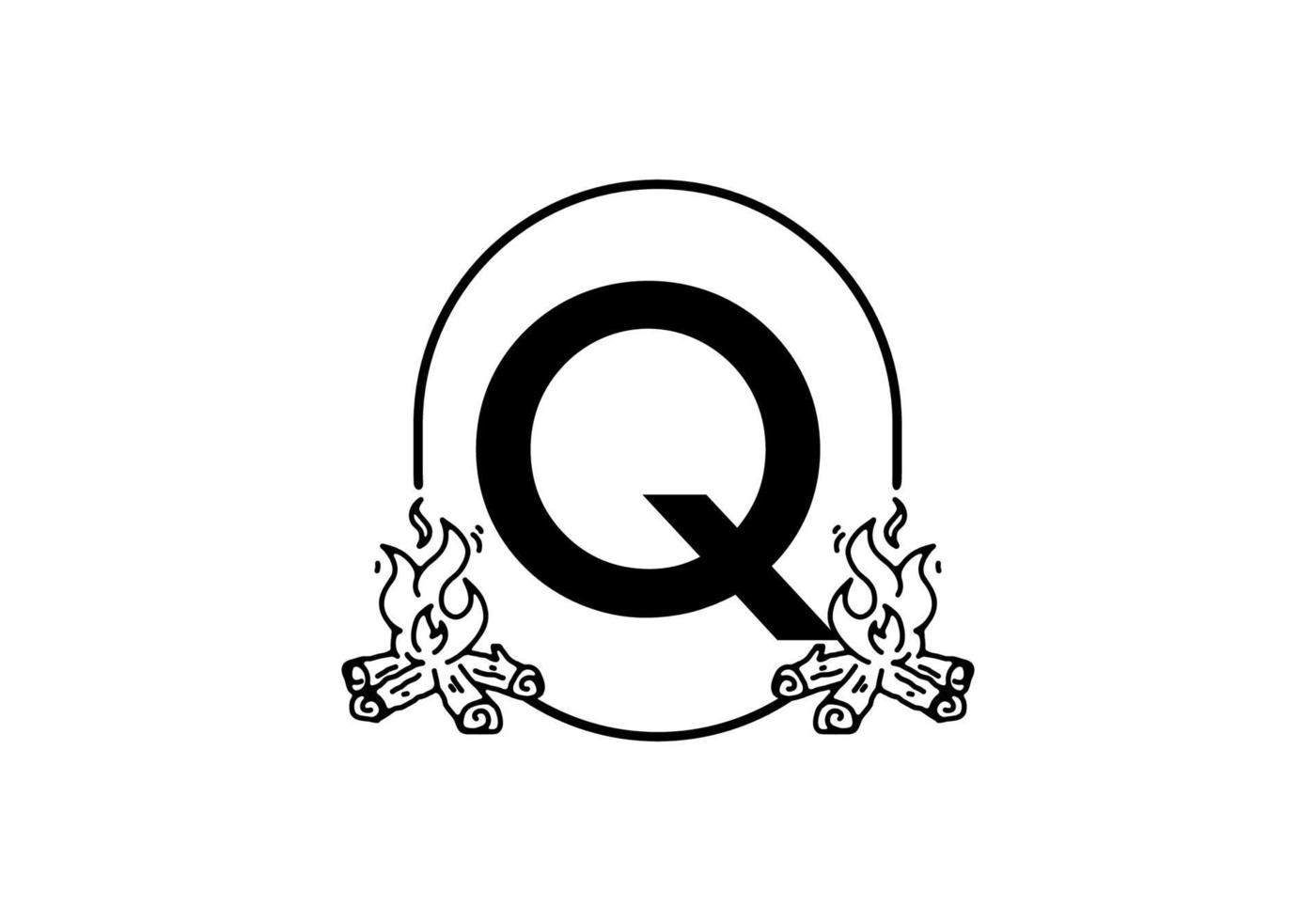 dessin au trait noir de feu de joie avec lettre initiale q vecteur