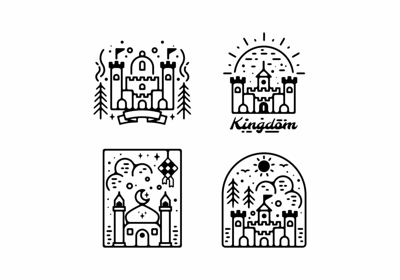 dessin au trait noir de l'ensemble d'illustration de la mosquée et du château vecteur