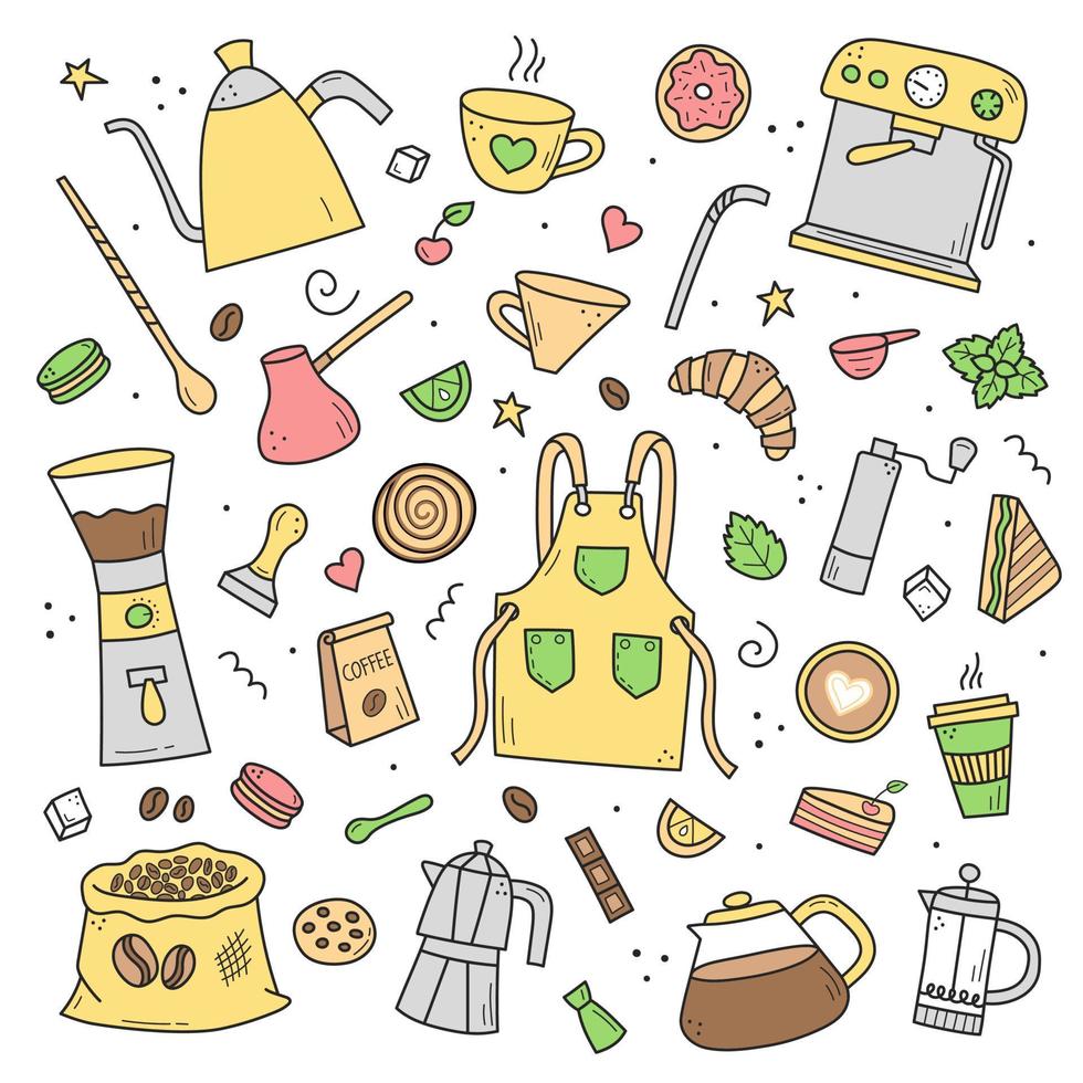 ensemble de couleurs d'éléments de doodle dessinés à la main. pause café et thé avec gâteau, profession de barista. illustration vectorielle, éléments isolés colorés sur fond blanc vecteur