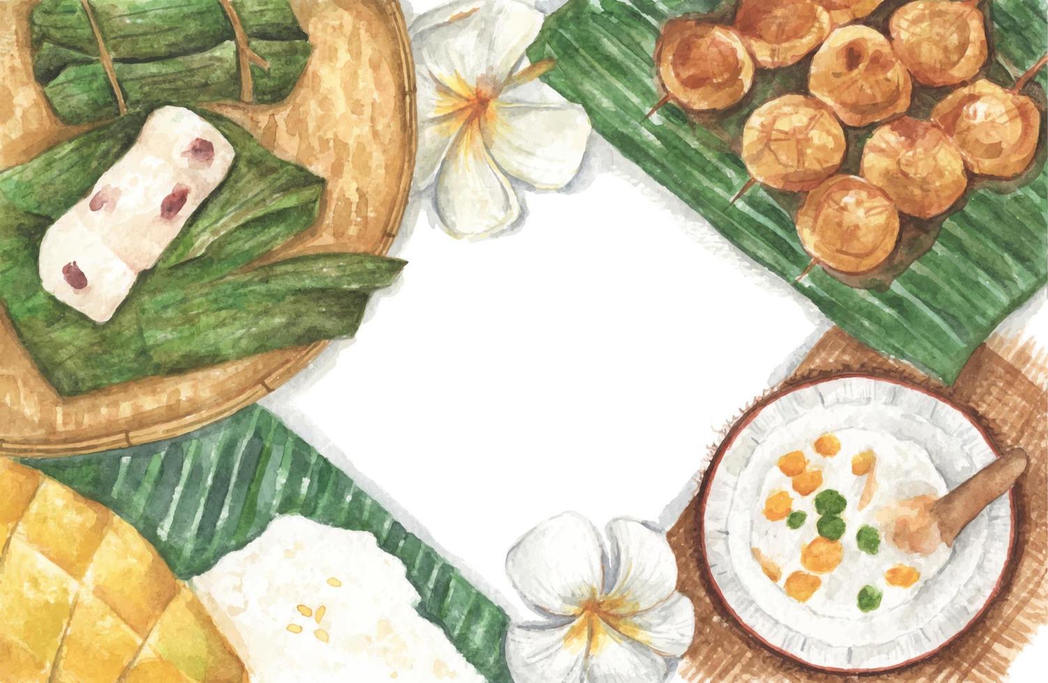 desserts thaïlandais, vue de dessus avec espace de copie pour votre texte. illustration aquarelle. vecteur