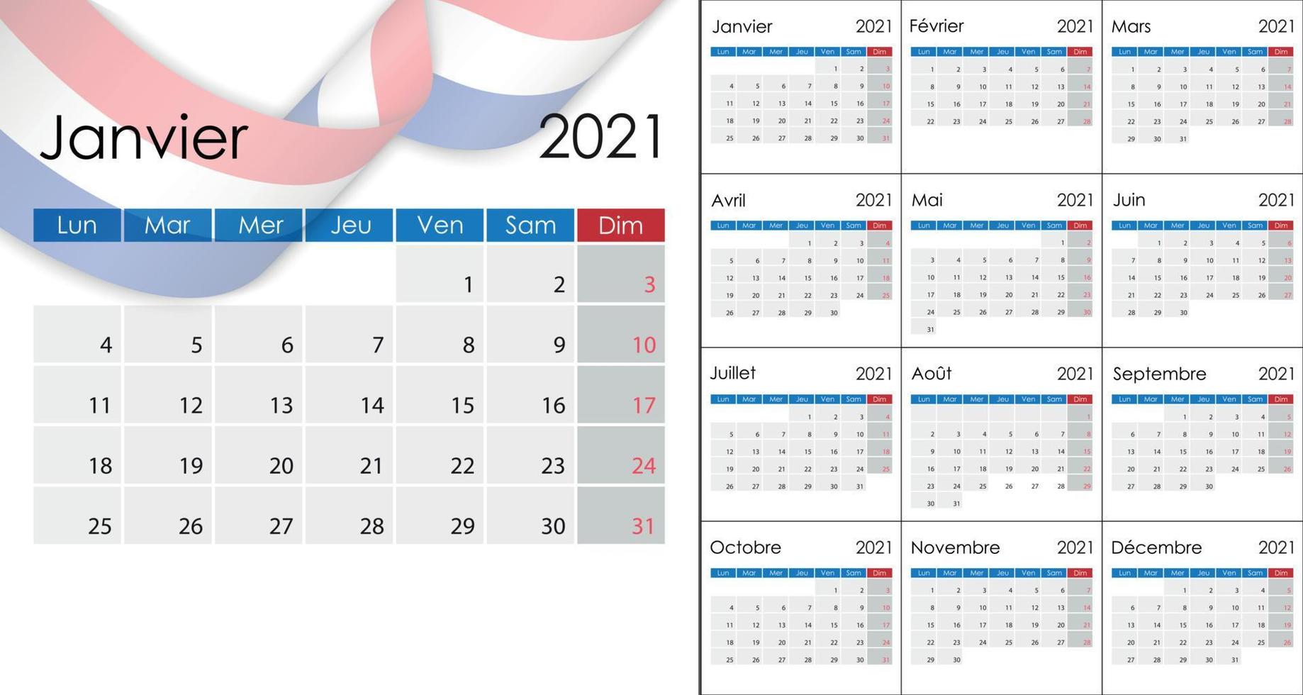 calendrier simple 2021 en langue française, début de la semaine le lundi. t vecteur