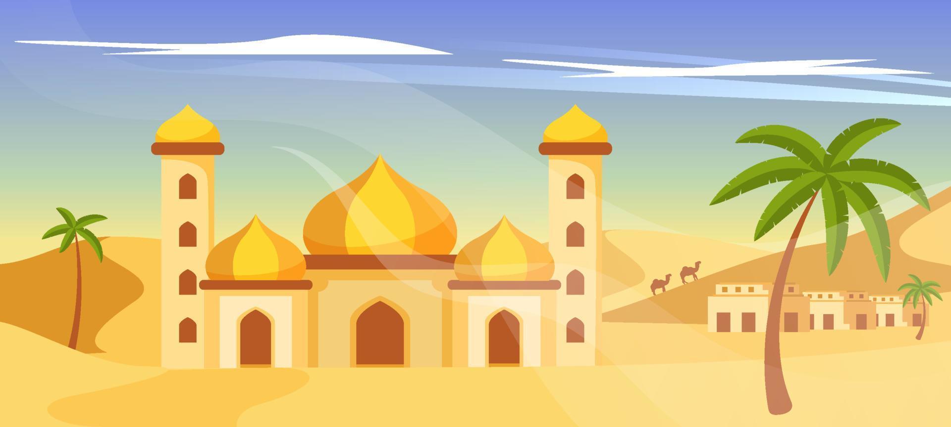 paysage de désert avec fond de mosquée vecteur