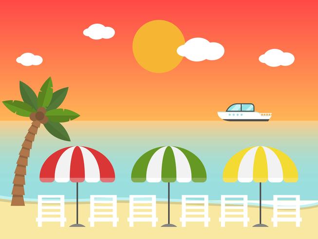 Chaises de plage et parasols sur la plage au coucher du soleil vecteur