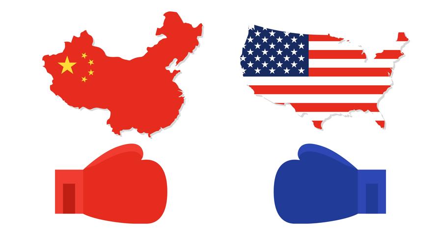 Carte des États-Unis et de la Chine avec des gants de boxe rouges et bleus vecteur