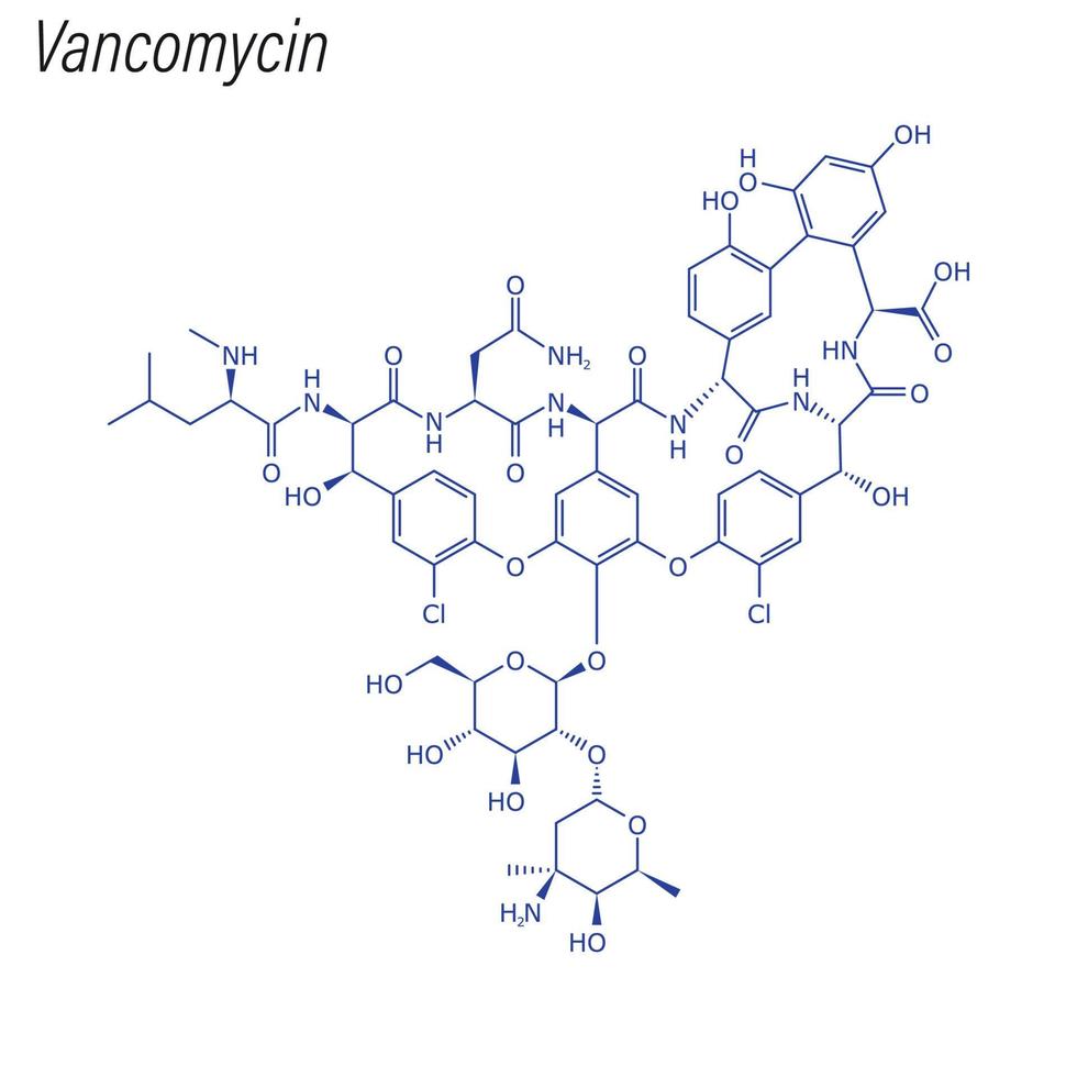formule squelettique vectorielle de la vancomycine. molécule chimique du médicament. vecteur