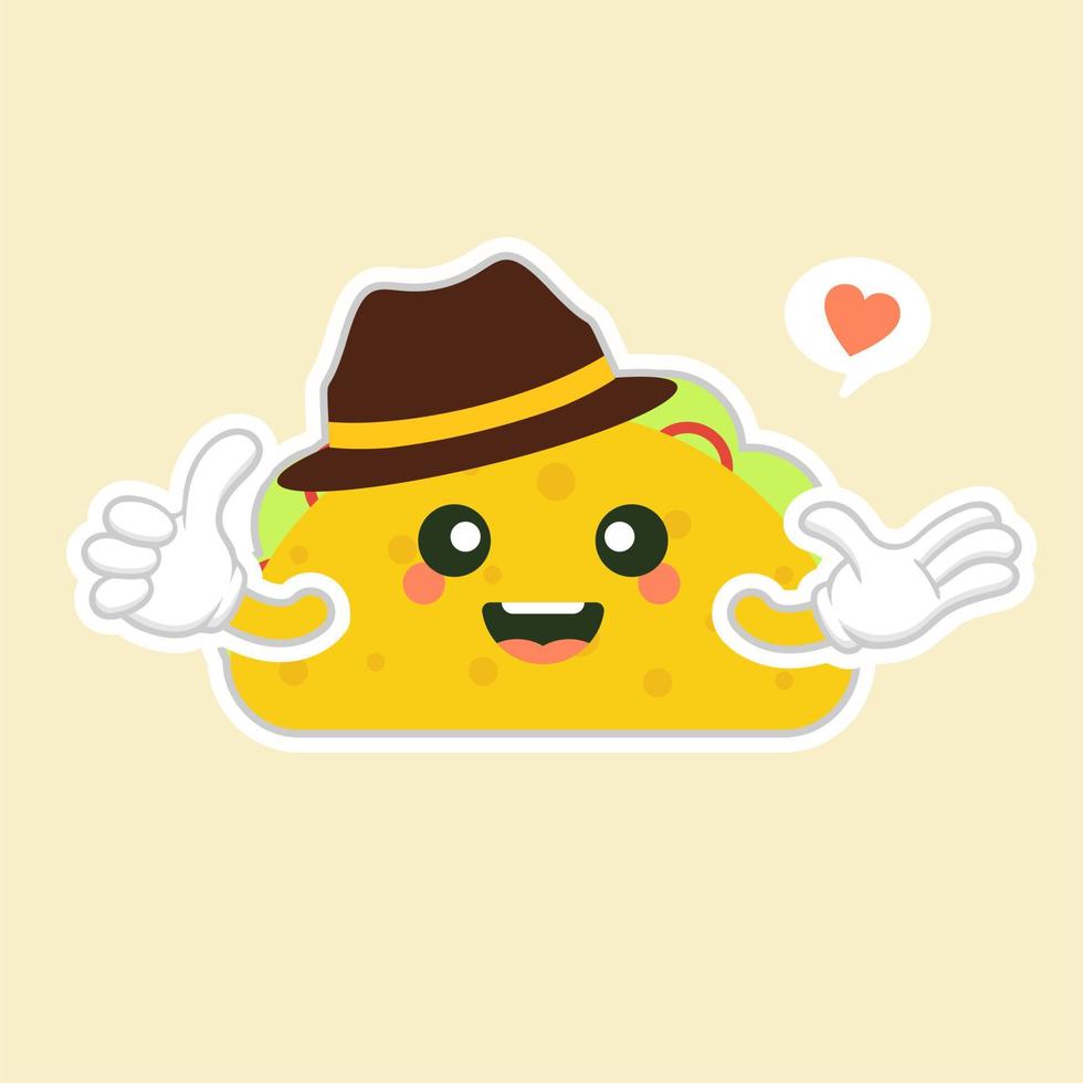 taco avec personnage de chapeau. de délicieux tacos mignons et kawaii avec du boeuf ou du poulet, de la sauce à la viande, de la salade verte et de la tomate rouge. taco pour la conception d'événements de restaurant ou de café. nourriture mexicaine vecteur