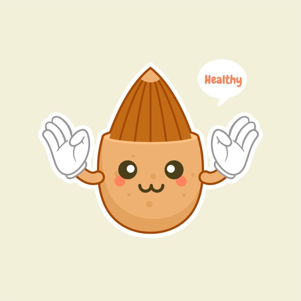 joli jeu de caractères d'amande heureuse. émoticône de noix drôle dans un style plat. illustration vectorielle d'emoji aux amandes brunes. nourriture végétarienne saine vecteur
