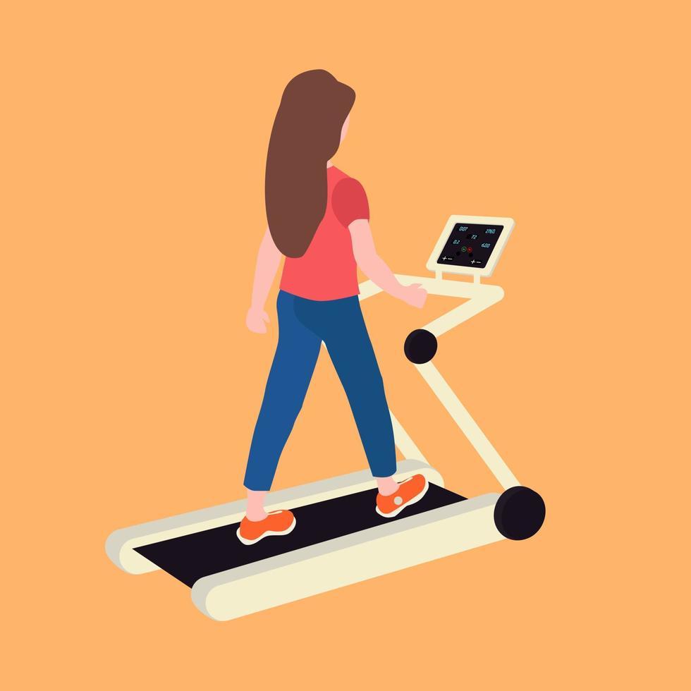 femme qui marche sur tapis roulant. entraînement cardio pour une bonne illustration vectorielle de soins de santé. vecteur