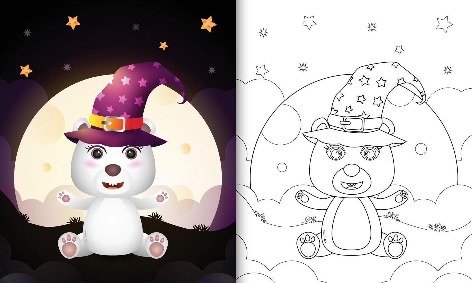 livre de coloriage avec un ours polaire de sorcière d'halloween de dessin animé mignon devant la lune vecteur