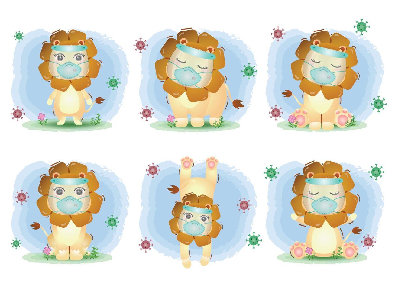 lions mignons utilisant un écran facial et une collection de masques vecteur