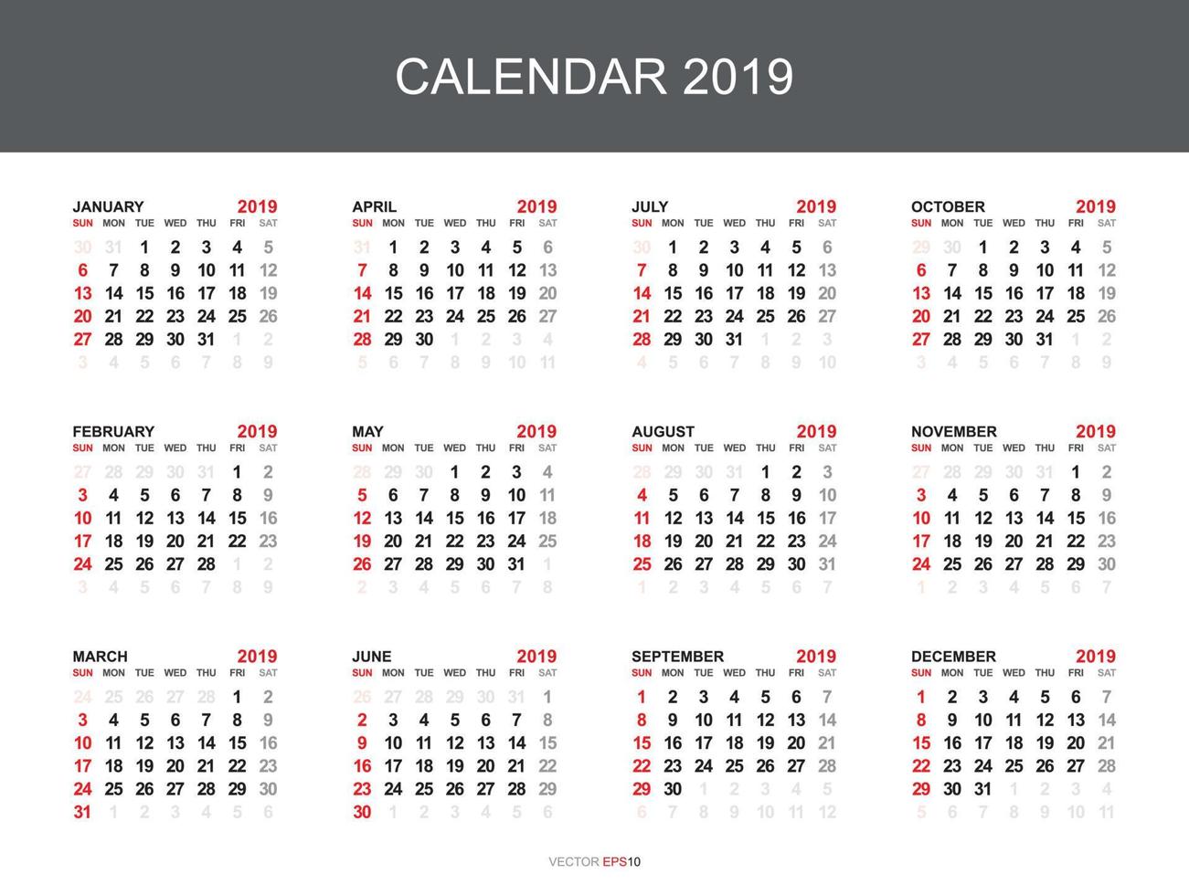 Calendrier 2019 avec 12 mois sur fond blanc. vecteur. vecteur