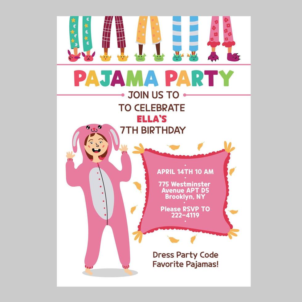 invitation de soirée pyjama pour enfants lapin kigurumi vecteur