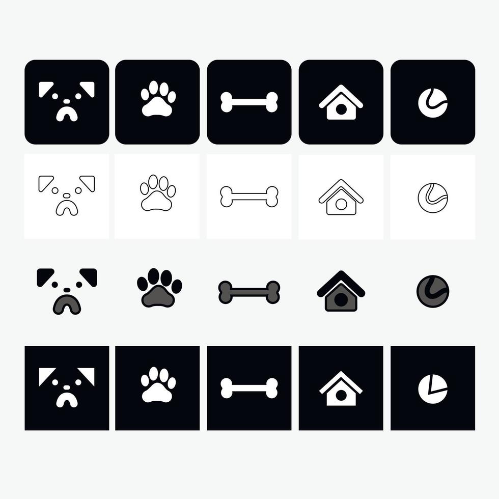 icônes chiens carlin museau, pattes, os, petite maison pour chiens, une balle pour jouer avec différents styles d'icônes de chien contour rempli carré arrondi deux tons noirs vecteur