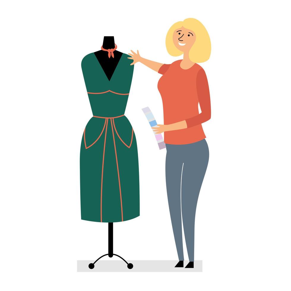 le créateur de vêtements a fait la robe. design de mode pour petites entreprises. créateur de mode fille choisit des couleurs pour les vêtements. s'habiller sur un mannequin vecteur