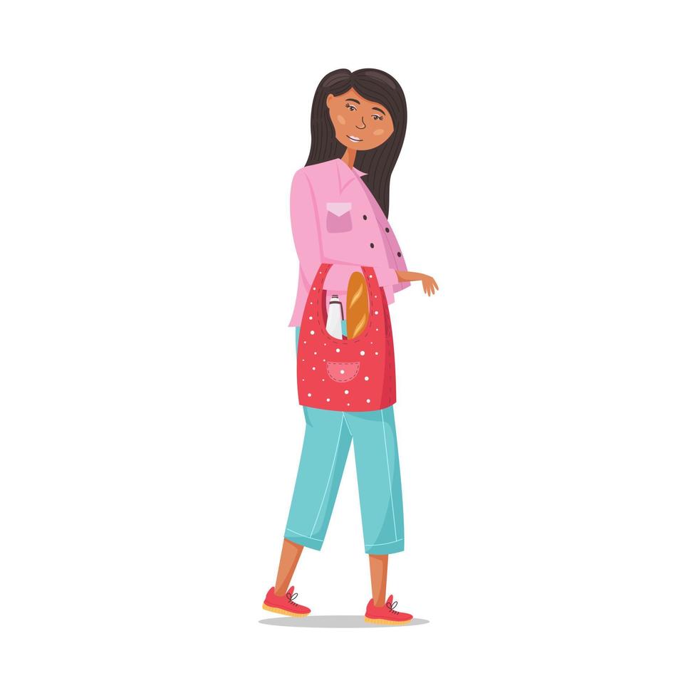 fille élégante tenant un sac d'épicerie écologique en tissu dans ses mains vecteur