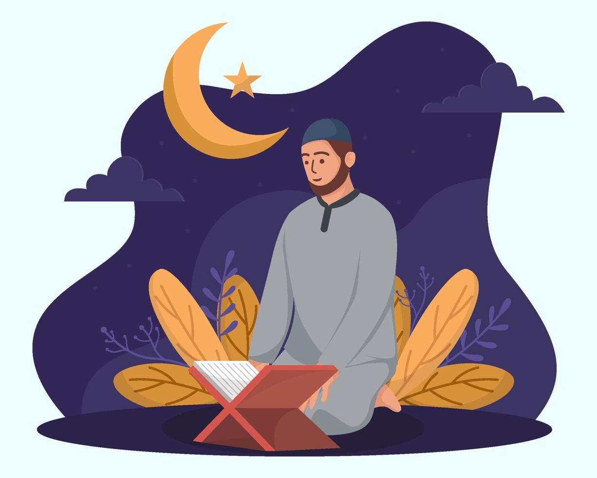 mois de jeûne du ramadan avec un homme lisant le coran vecteur