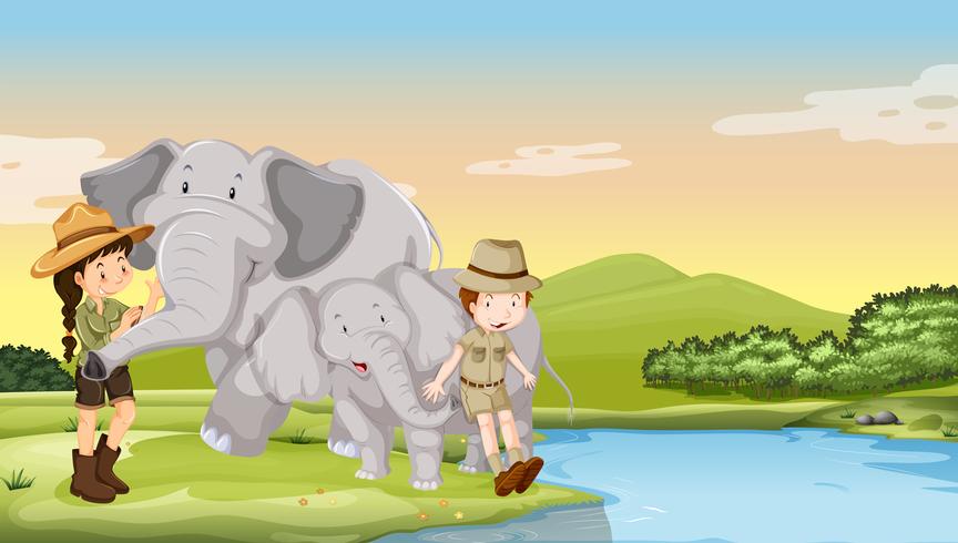 Enfants et éléphants au bord de la rivière vecteur