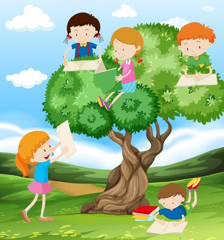 Enfants lisant et écrivant dans le parc vecteur