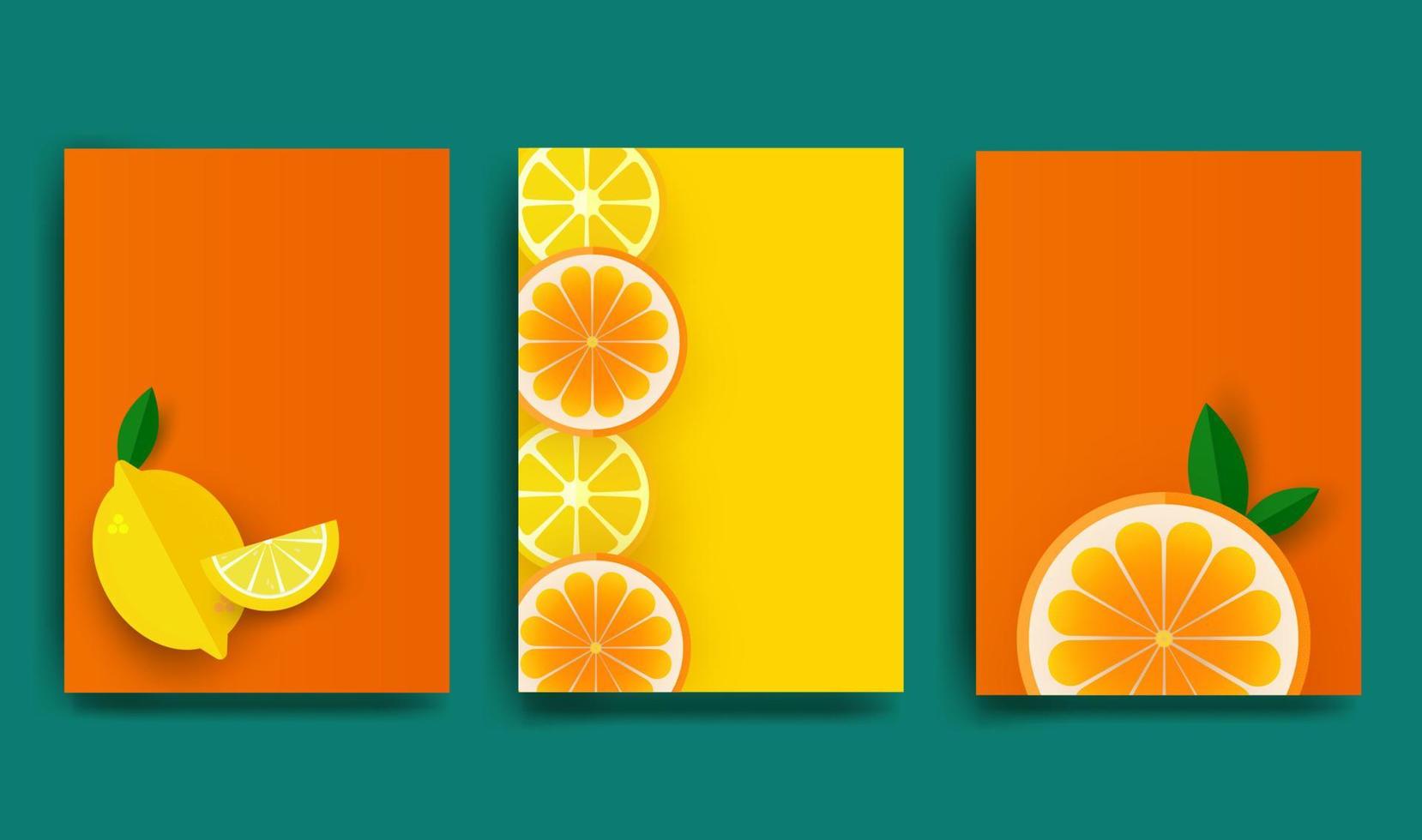 affiche orange. tranches d'orange et de citron avec des feuilles. motif de fruits pour brochure, mise en page, bannière, couverture, dépliant. illustration vectorielle. vecteur