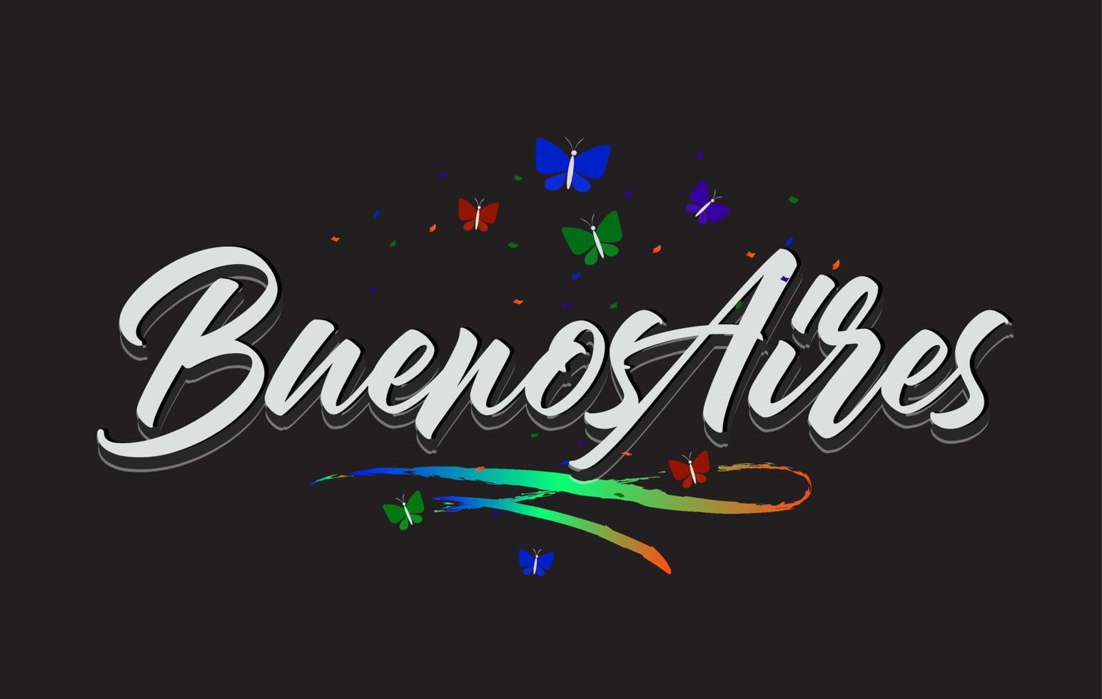 buenos aires blanc texte vectoriel manuscrit avec papillons et swoosh coloré.