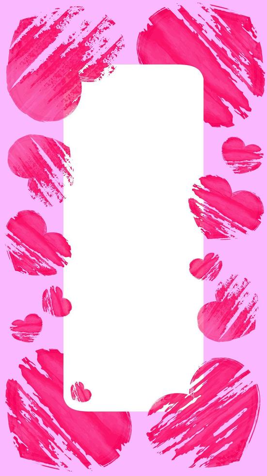 carte postale, page, modèle vertical pour réseau social. cadre avec des coeurs grunge minables. bordure de valentines rouges avec place vide pour histoire, texte ou photo. illustration vectorielle. Joyeuse saint Valentin vecteur