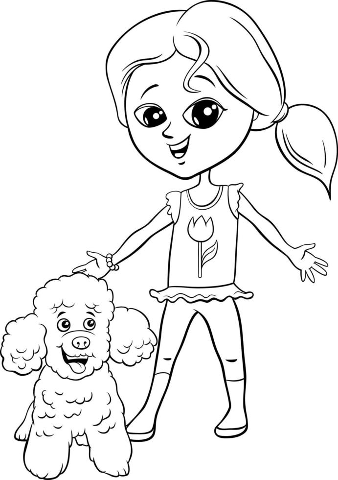 fille de dessin animé avec page de livre de coloriage de personnage de chien caniche vecteur