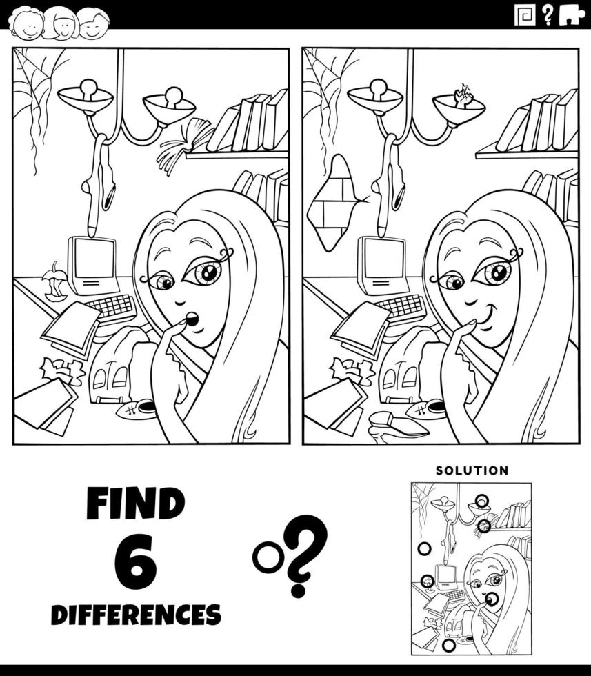 tâche de différences avec une fille et un désordre dans sa chambre page de livre de coloriage vecteur