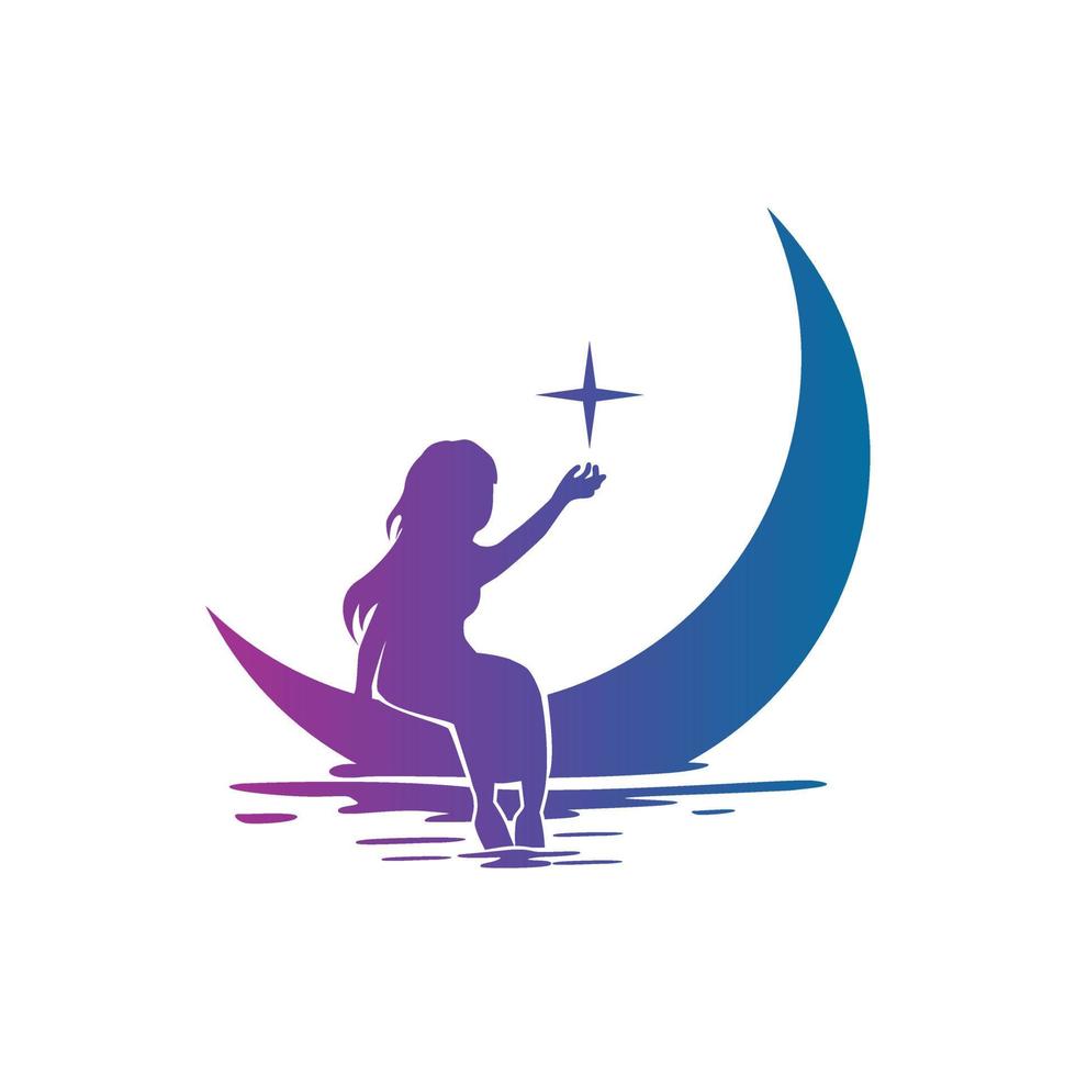 illustration vectorielle silhouette de fille assise sur la lune et attraper les étoiles vecteur