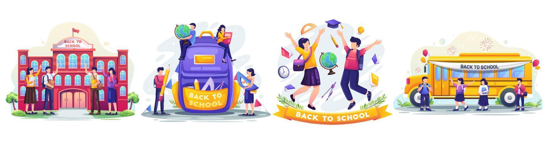 ensemble de retour à l'école avec de jeunes étudiants sont heureux d'aller à l'école avec des fournitures de sac à dos. illustration vectorielle de style plat vecteur