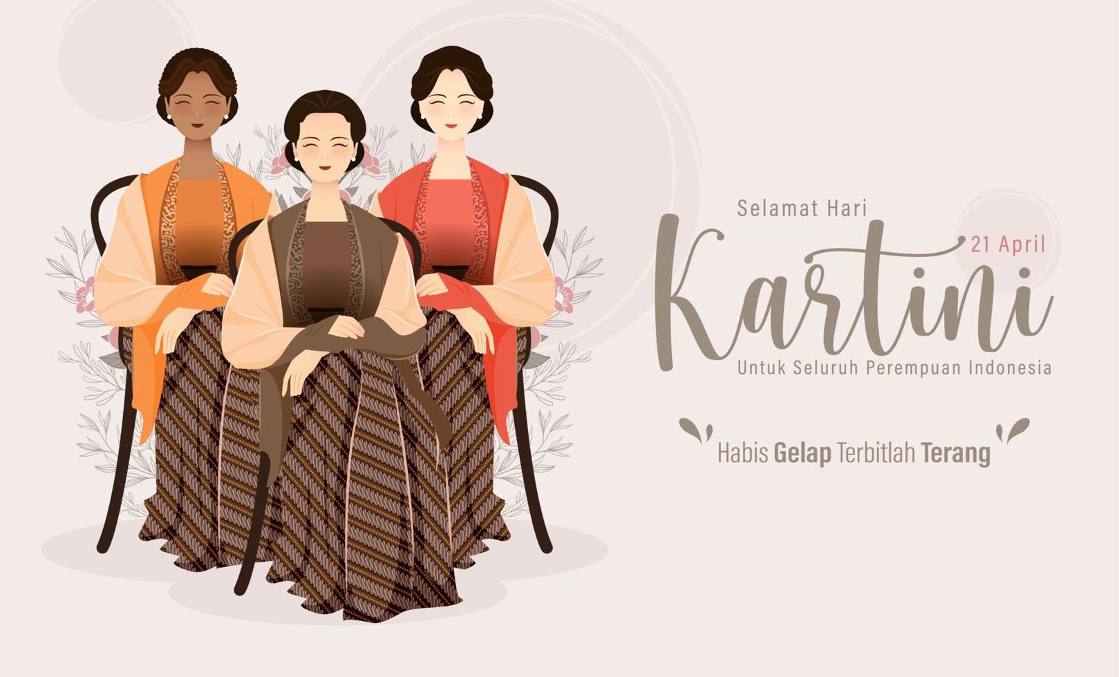 selamat hari kartini signifie joyeux jour de kartini. kartini est une héroïne indonésienne. habis gelap terbitlah terang signifie après l'obscurité vient la lumière. illustration vectorielle. vecteur