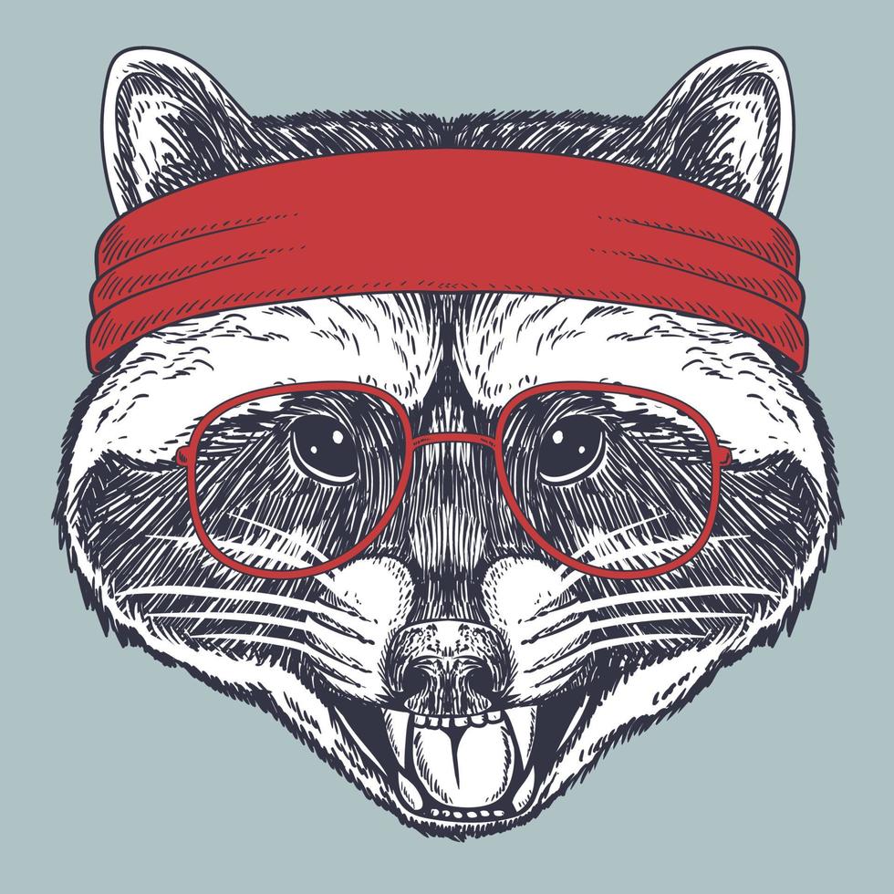 raton laveur dessiné à la main portant des lunettes rouges et un bandana rouge vecteur