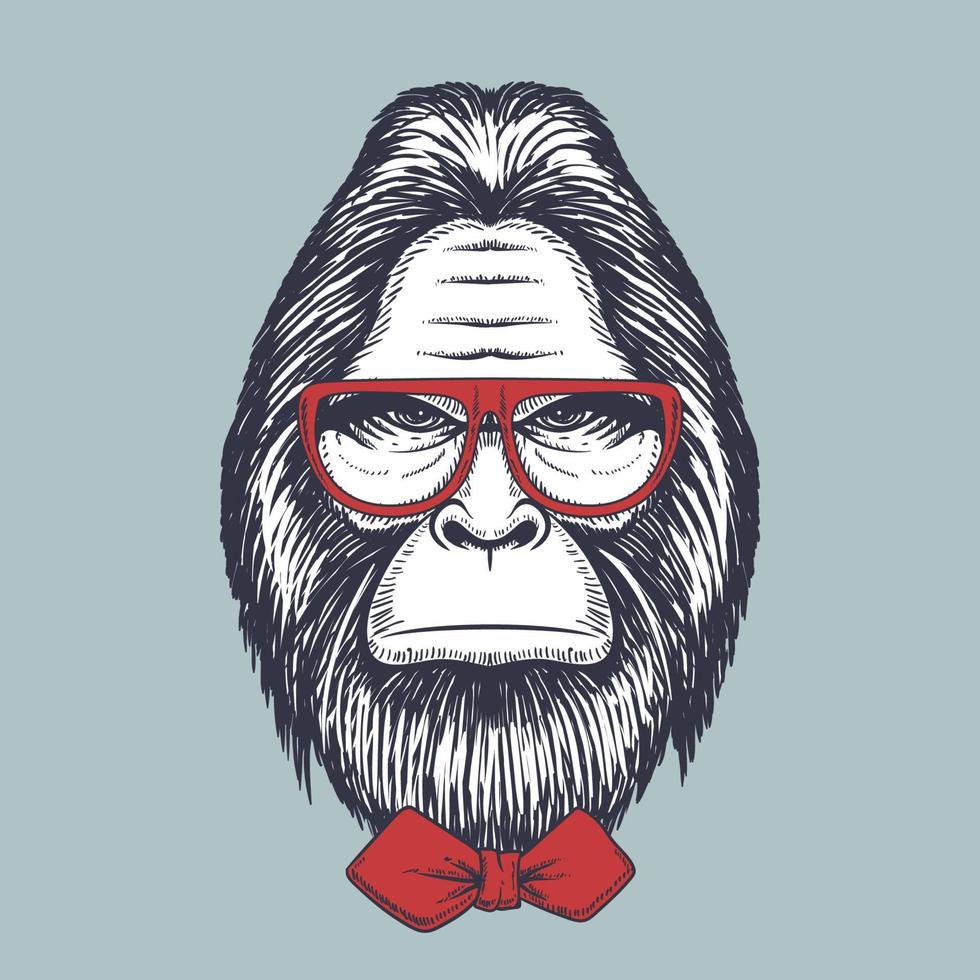 bigfoot dessiné à la main portant des lunettes rouges et un noeud papillon vecteur