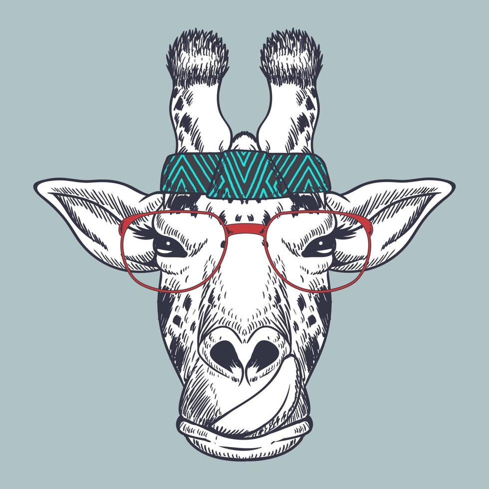 girafe dessinée à la main portant des lunettes rouges et un bandana vecteur