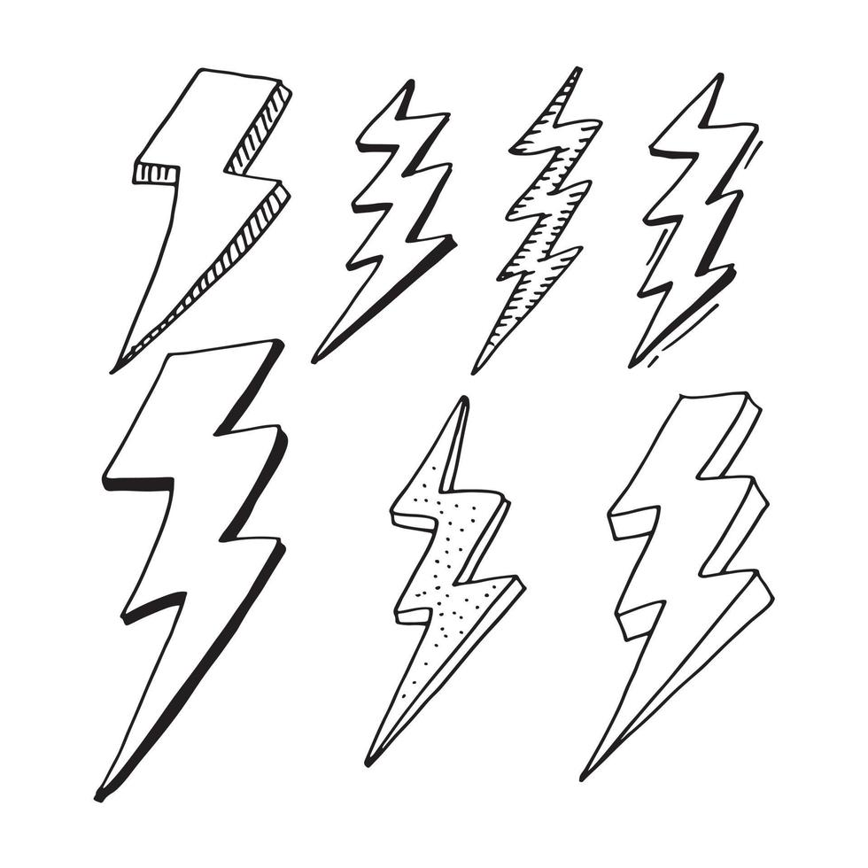 ensemble d'illustrations de croquis de symbole d'éclair électrique doodle vecteur dessinés à la main. icône de doodle de symbole de tonnerre.