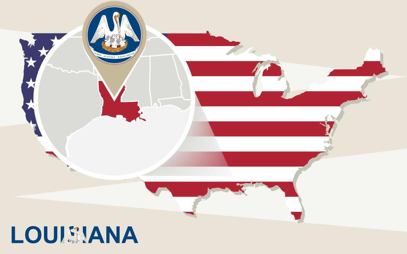 carte des états-unis avec l'état agrandi de la louisiane. drapeau et carte de la louisiane. vecteur