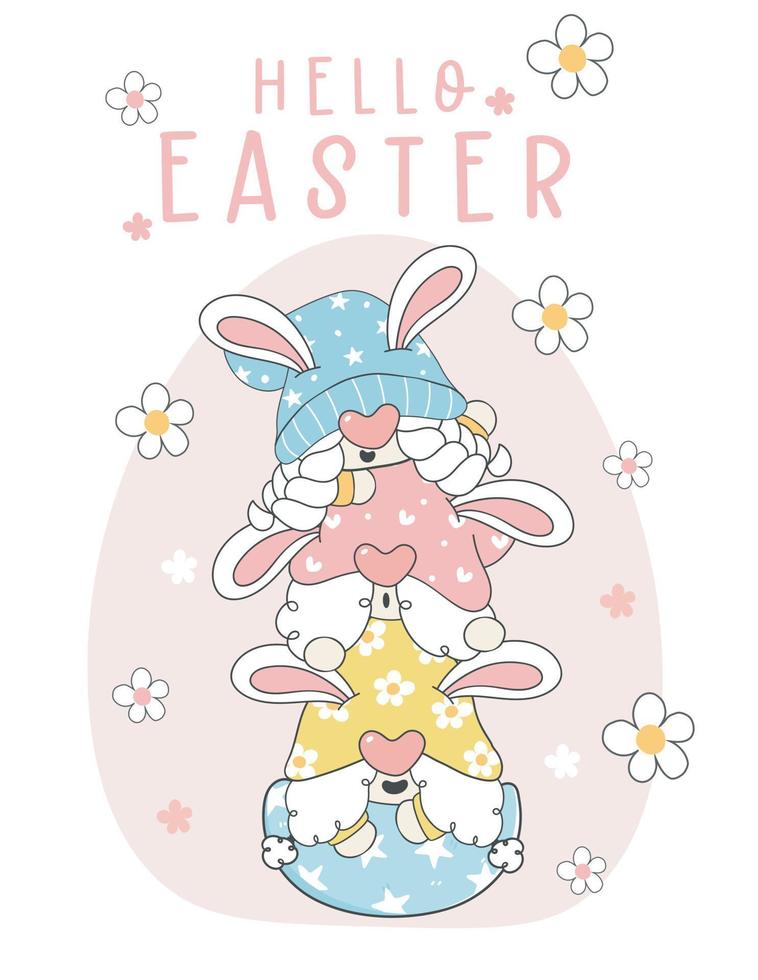 bonjour salutation de pâques, groupe de trois mignons oreilles de lapin gnome drôle heureux pastel dans la coquille d'oeuf cassée d'aisance, vecteur de contour de dessin de dessin animé d'elfe, bannière de joyeuses fêtes