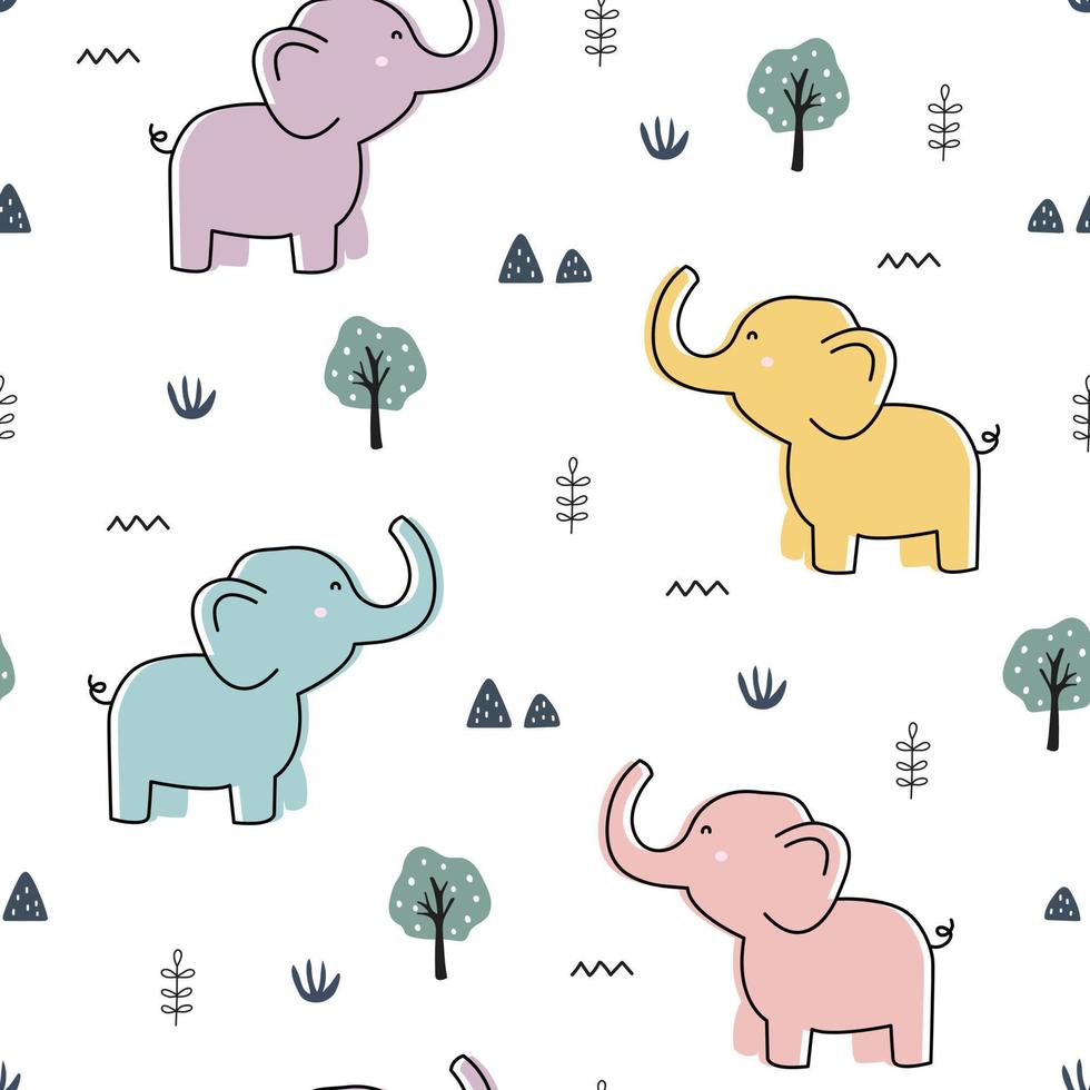 modèle sans couture éléphants et arbres fond de dessin animé animal mignon utilisé pour le tissu, le textile, l'impression, l'illustration vectorielle de papier peint vecteur