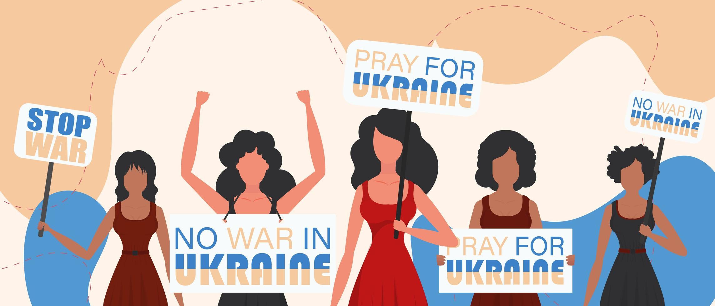 un groupe de femmes tient des banderoles. priez pour l'Ukraine. arrêter la guerre. vecteur. style bande dessinée. vecteur