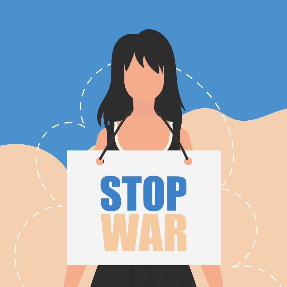 une fille de nationalité ukrainienne tient une affiche avec l'inscription stop the war. illustration vectorielle. vecteur