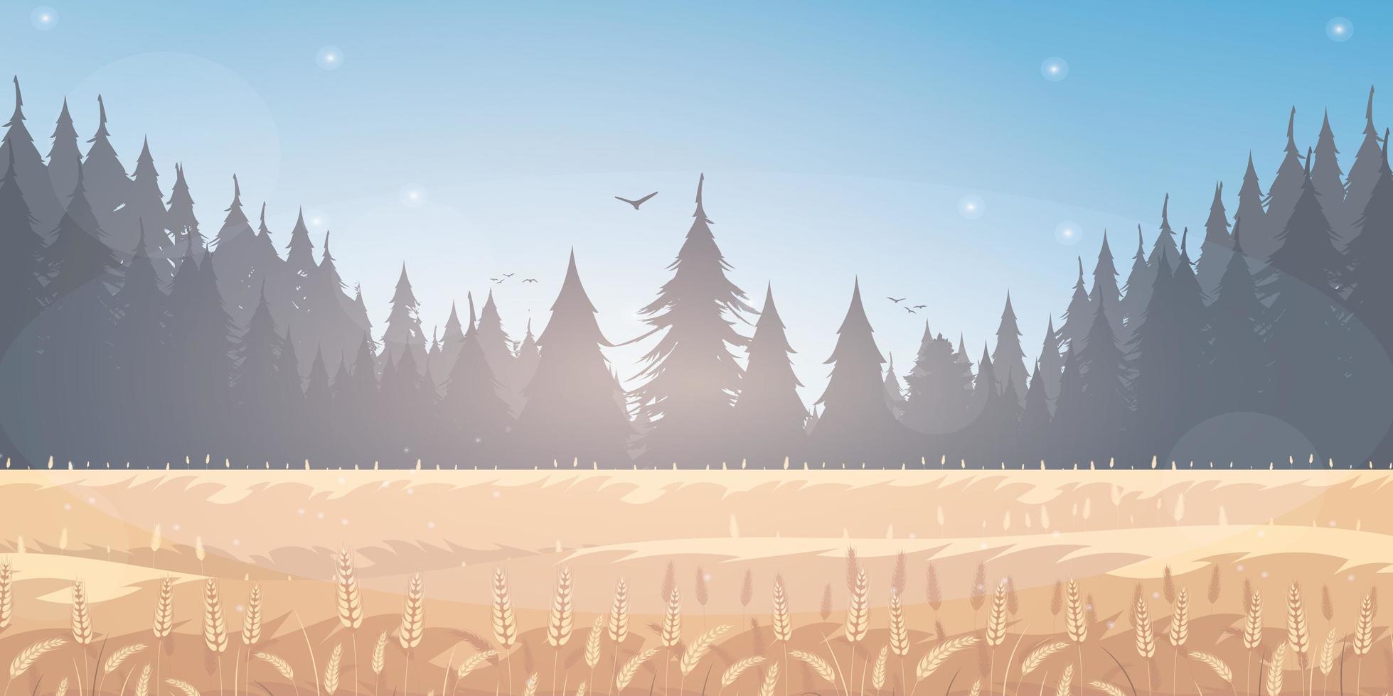 paysage rural avec champ de blé et le ciel bleu sur fond. illustration vectorielle. vecteur