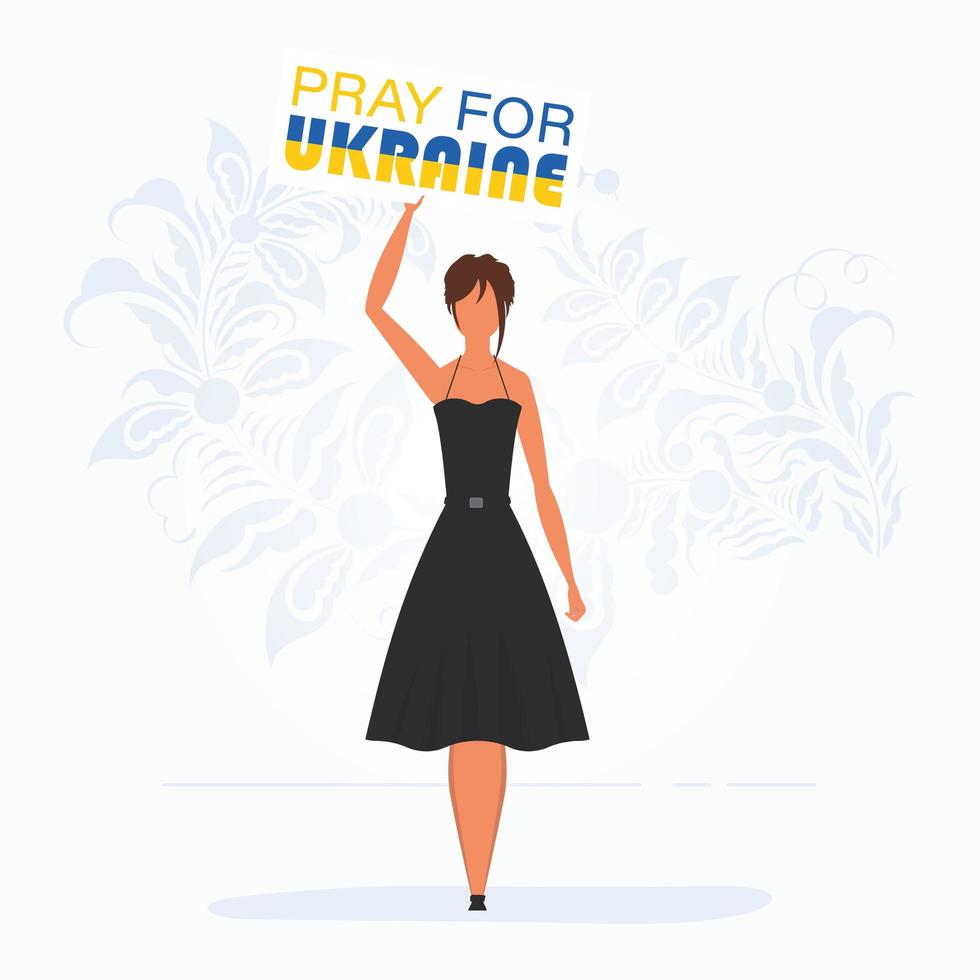 une fille en pleine croissance tient une affiche avec l'inscription priez pour l'ukraine. arrêter la guerre. style de dessin animé. illustration vectorielle. vecteur