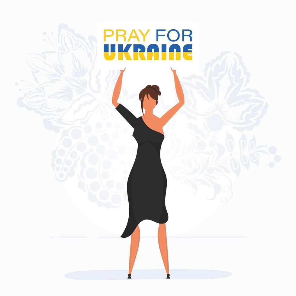 une fille en pleine croissance tient une affiche avec l'inscription priez pour l'ukraine. arrêter la guerre. illustration vectorielle. vecteur