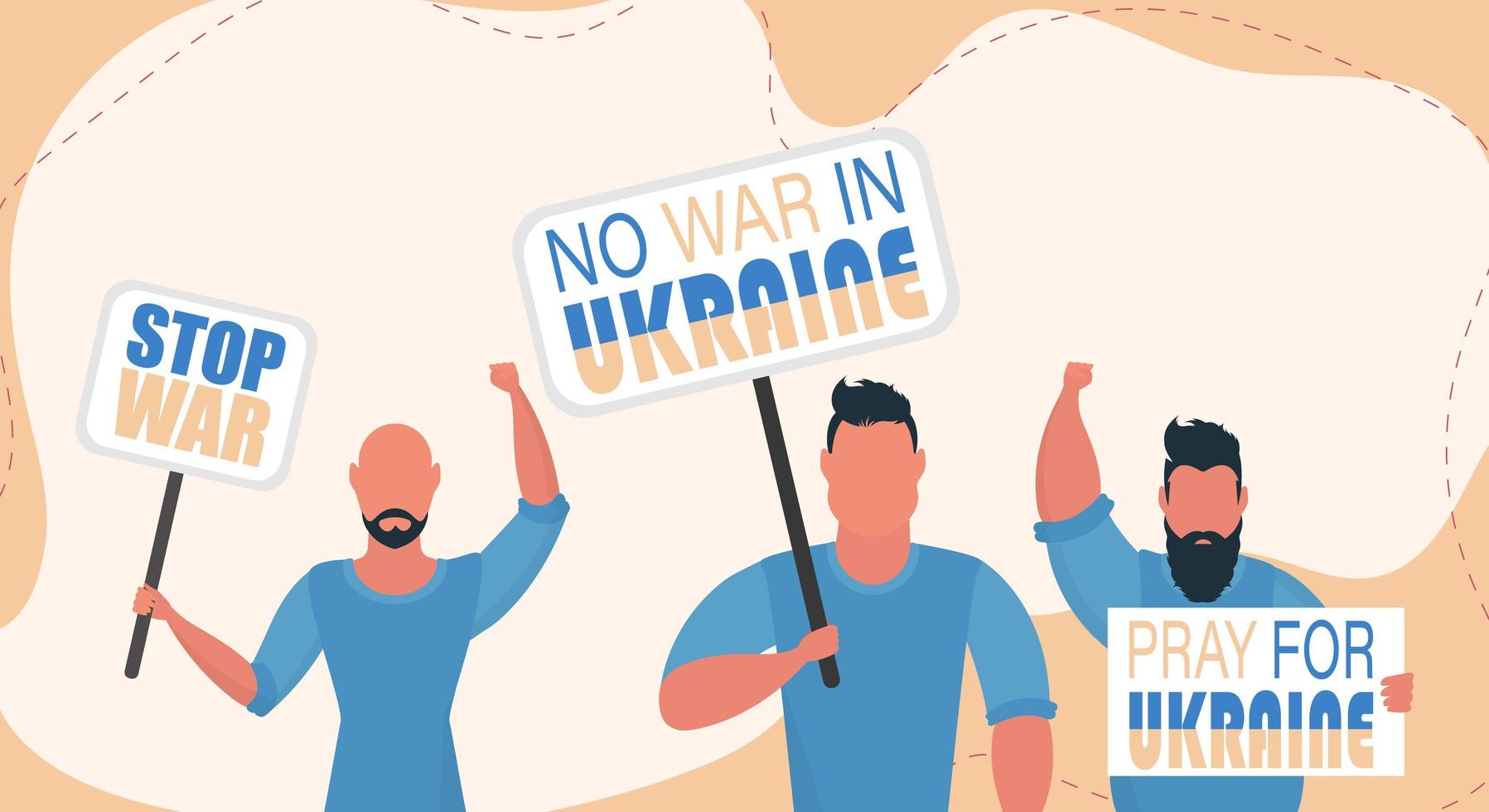 un groupe d'hommes tient des banderoles. priez pour l'Ukraine. arrêter la guerre. style plat. vecteur. vecteur