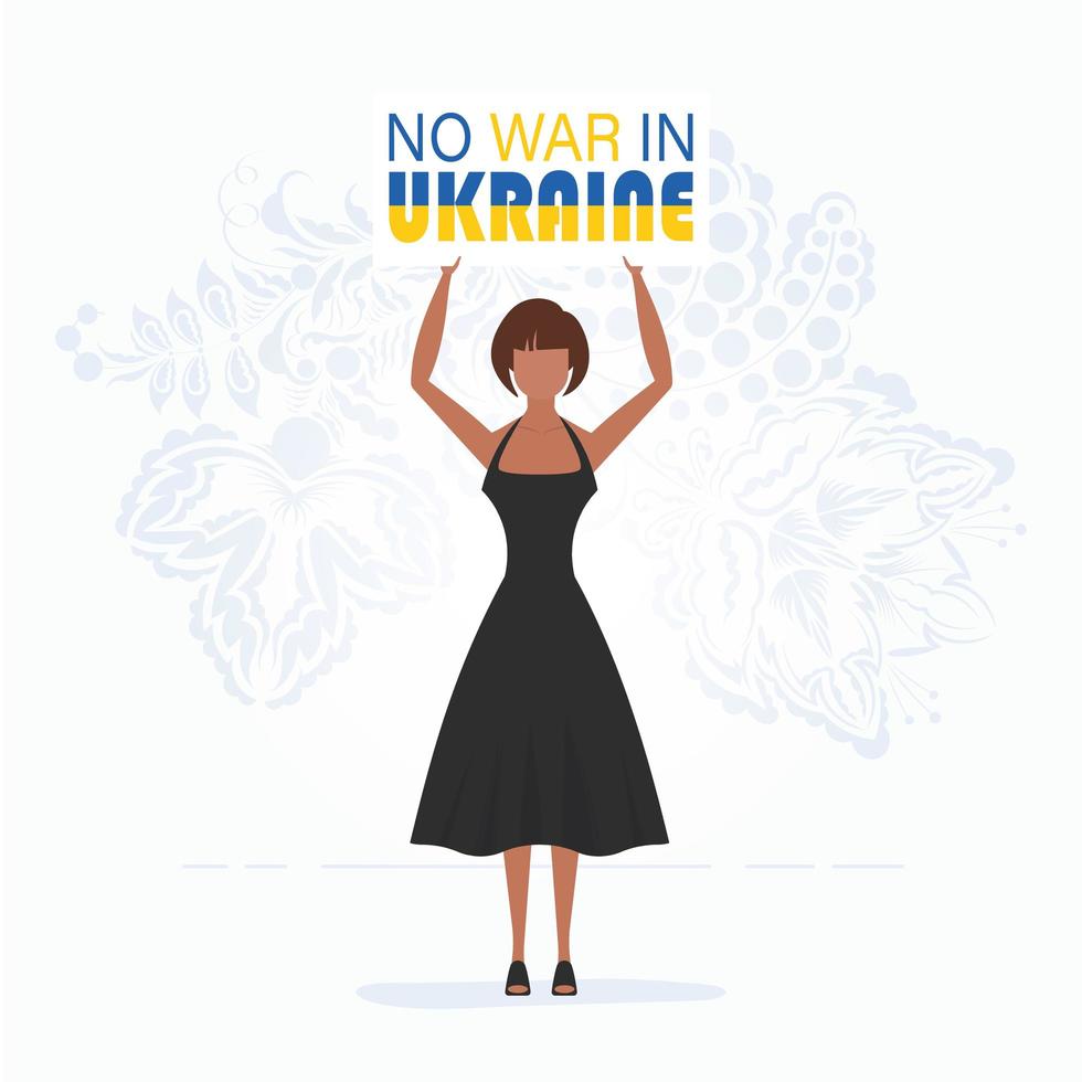 une fille en pleine croissance tient une affiche avec l'inscription non à la guerre en ukraine. style de dessin animé. illustration vectorielle. vecteur