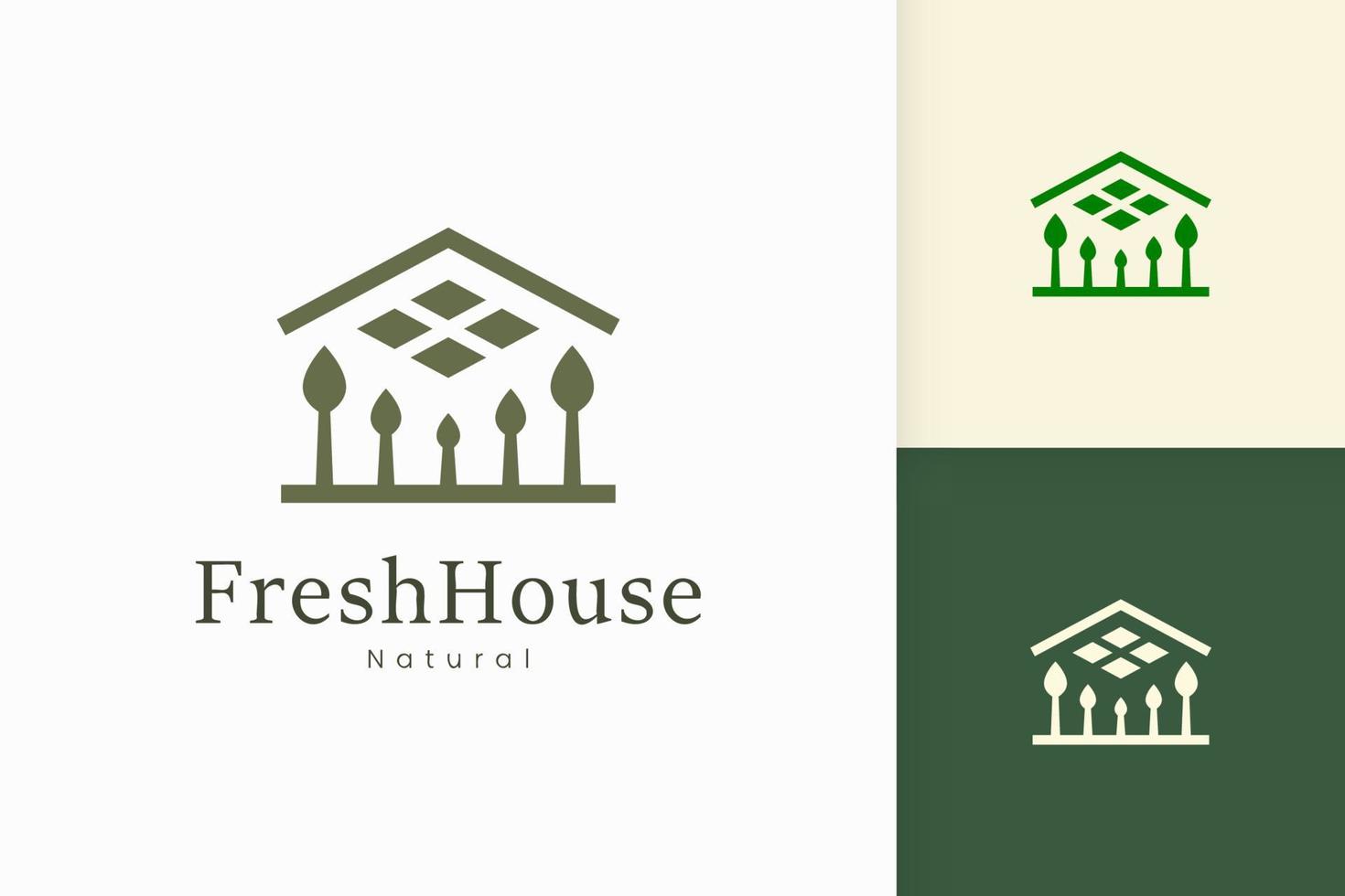logo de maison verte nature avec forme d'arbre et de feuille vecteur