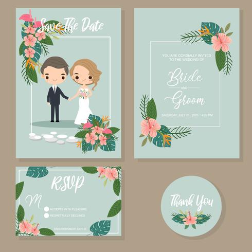 joli couple dans jeu d&#39;invitations de mariage tropical vecteur