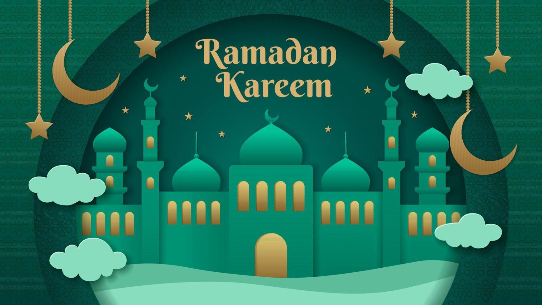 ramadan kareem avec mosquée d'art en papier dans le désert vecteur