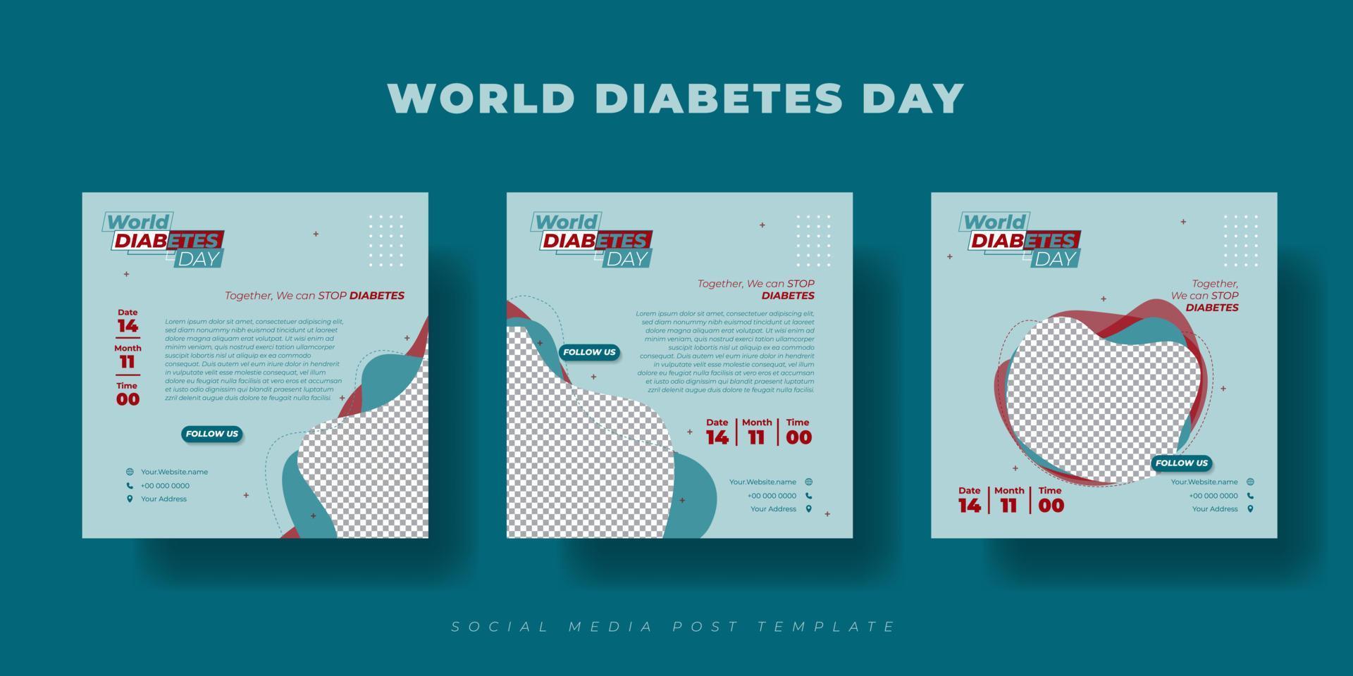 ensemble de modèles de publication sur les réseaux sociaux. conception de modèle de journée mondiale du diabète. modèle de publication sur les médias sociaux avec un design vert. vecteur