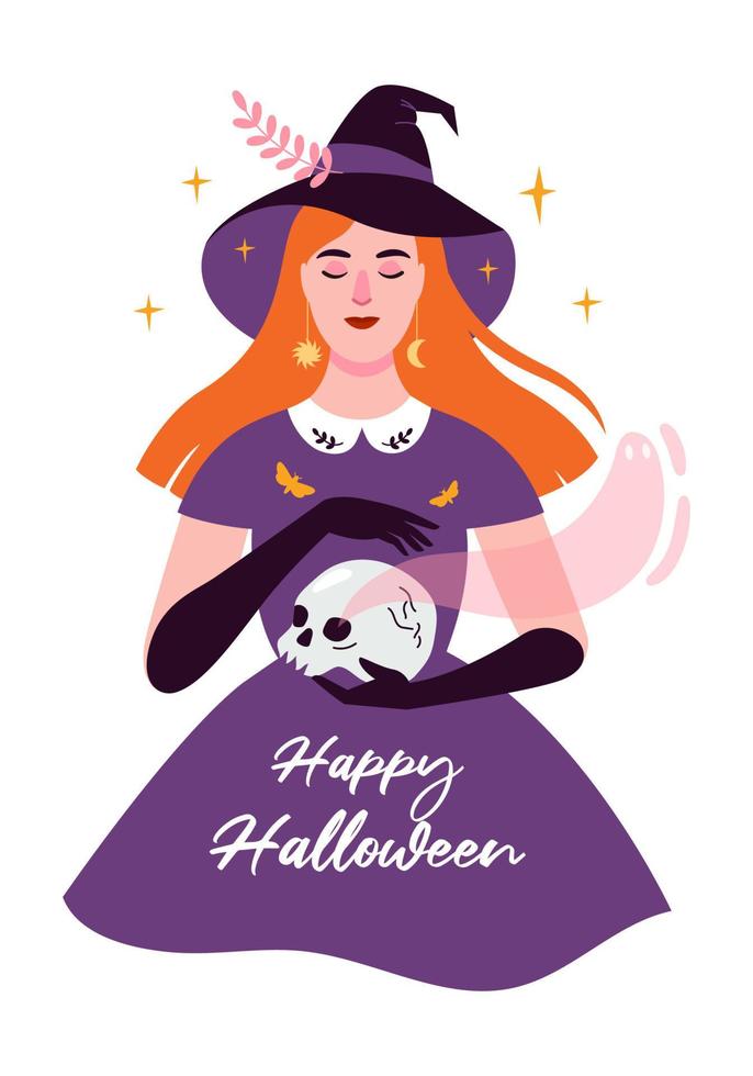 bonne carte d'halloween. illustration vectorielle plane d'une sorcière, d'un crâne, d'un fantôme. vecteur