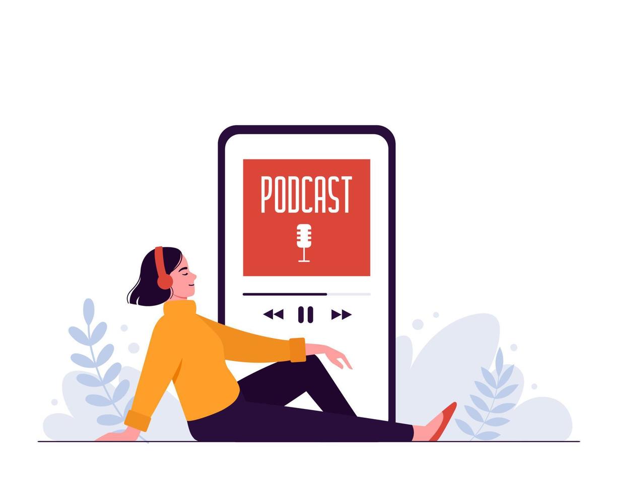 une femme heureuse écoute un podcast avec un casque sur le fond d'un smartphone. notion de podcast vecteur